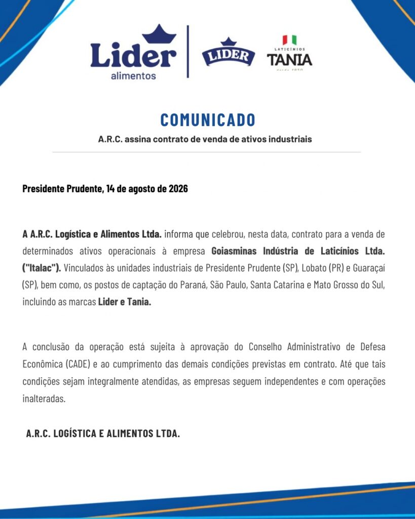 Respiro para o setor de lácteos: Italac assina contrato para adquirir ativos das marcas Líder e Tânia